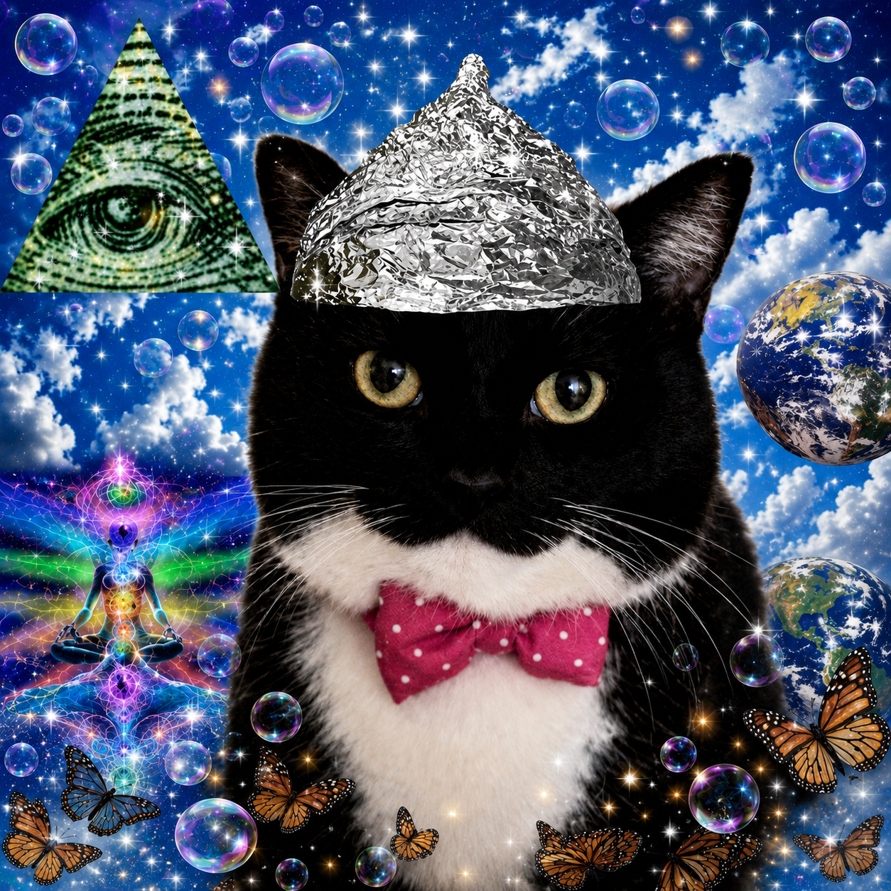 Conspiracy Cat surrounded by the evidence